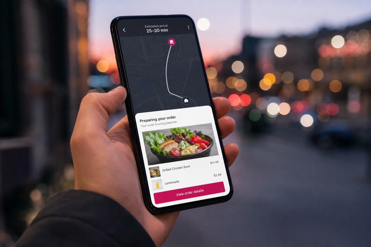 On-demand mobile app in a city at dusk